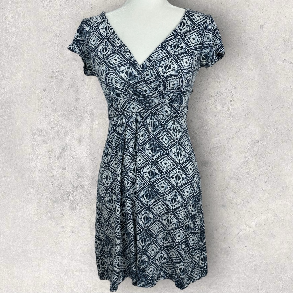 FatFace United Kingdom Blue Printed Short Sleeve Mini‎ Dress Size 6 V-Neck Boho - Picture 3 of 13